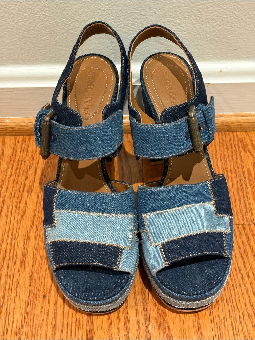 See by Chloé Denim Patchwork Block Heel Platform Sandals Sz 39 * - Picture 7 of 14